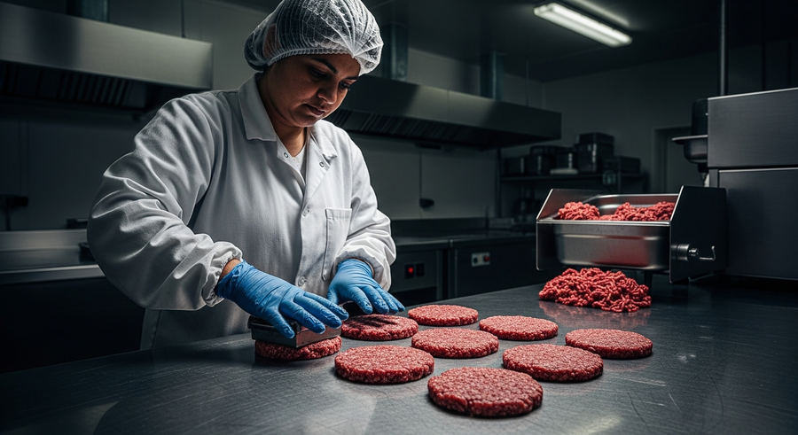Hands pressing raw burger patties