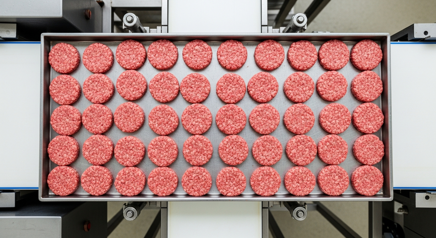Formed raw burger patties on tray