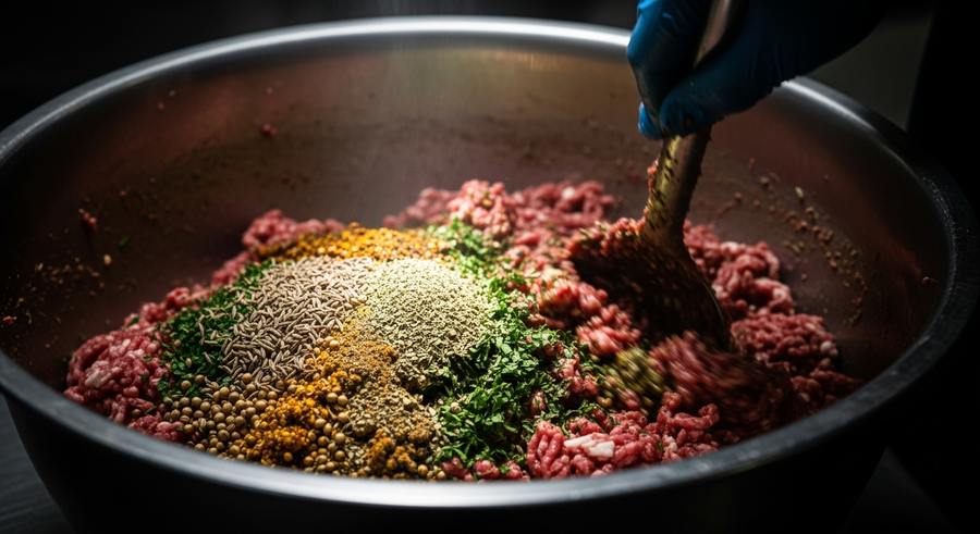 Seasoning being blended into meat